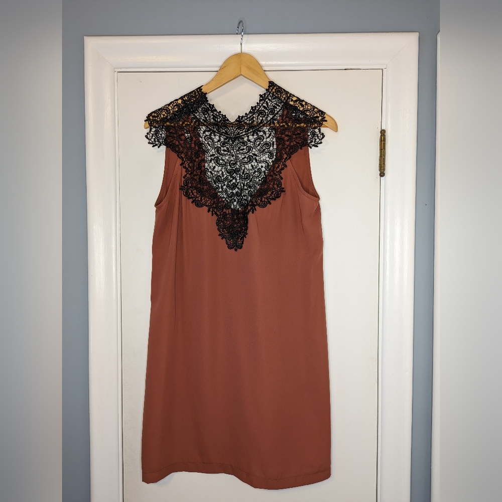 5th Culture Rust Dress with Black Lace Embellishment & Tie-Back Neck